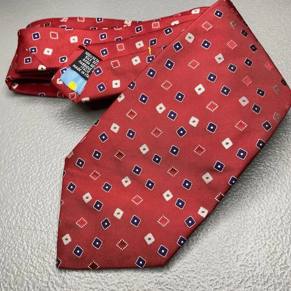 Emanuel Ungaro Silk Tie Vintage Geometric Diamond Square Italy Mens Red Blue